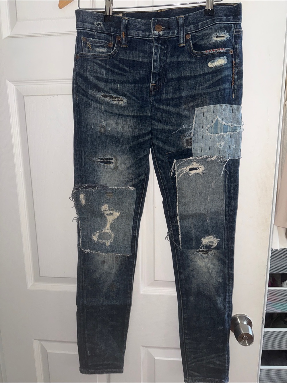 Ralph Lauren Women's Dark Blue Distressed Skinny Jeans with Patchwork